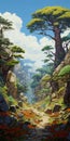 Anime-inspired Pine Forest Illustration With Beautiful Scenery