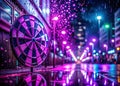 Dramatic Architectural Photography Purple Rain Darts and a Bullseye Target in a Cinematic Setting Royalty Free Stock Photo
