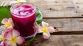 Captivating Aromas: Berry Juice and Frangipani Dance on a Picturesque Wooden Table ( Perspective