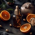 Bottle of vitamin C serum with fresh citrus fruits around it