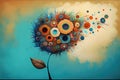 Abstract grunge background with flowers and circles in blue and orange