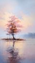 This captivating artwork depicts a serene and tranquil sceneâa tree standing on a small island in the middle of a peaceful lake