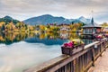 Captivating autumn sunrise on Grundlsee lake. Amazing morning scene of Brauhof village, Styria stare of Austria, Europe. Colorful