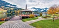 Captivating autumn view of Grundlsee lake. Misty morning scene of Brauhof village, Styria stare of Austria, Europe. Colorful view