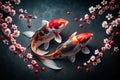 Captivating Black and Red Koi Fish Amidst Delicate Cherry Blossoms A Stunning Visual for Design Projects Royalty Free Stock Photo