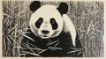 Captivating Black And White Panda Etching On Rice Paper