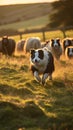 Energetic Border Collie Herding Merino Sheep in Lush Green Pasture