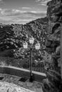 Vintage Charm: Black and White Photo of Old Italian Street Lamp and Valley View in Rocca Imperiale Royalty Free Stock Photo