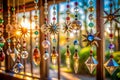 Captivating Boho Suncatcher Window Display A Stunning Crystal Bead and Brass Hanging Decor Accent for Enhancing Your Royalty Free Stock Photo