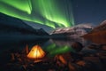 Captivating Camping Experience: Tent, Campfire, Fjord, Aurora Borealis in Early Spring. created with Generative AI