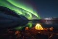 Captivating Camping Experience: Tent, Campfire, Fjord, Aurora Borealis in Early Spring. created with Generative AI