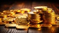 Sparkling Golden Coin Spill A Luxurious Display of Wealth and Abundance in LowLight Photography Royalty Free Stock Photo