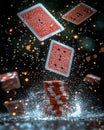 Dynamic casino scene with playing cards and poker chips exploding in glitter and vibrant bokeh lights. Royalty Free Stock Photo