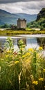 Captivating Castle In Scotland Surrounded By Majestic Mountains And Vibrant Flowers