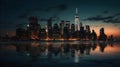 Captivating cityscape at night, with illuminated skyscrapers and reflective waters