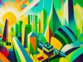 Captivating cityscape painting with green energy radiating from buildings.