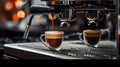 Close-up view of delicious cups of coffee frothing and pouring from the espresso machine in a coffee shop. AI generated.