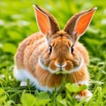 a captivating close-up of a brown bunny hiding in a nature green field.