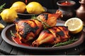 A Captivating Close-Up of Chicken Tandoori with Charred Edges Immersed in Smoky Aroma and Vibrant Red Hue