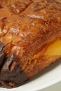 Captivating close-up: Chocolate banana pastry featuring a rich blend of sweet banana cream and chocolate