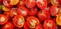 Captivating close-up of fresh, organic halved tomatoes, bursting with vibrant colors, juiciness