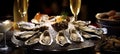 Captivating Close-up of Fresh Oysters on a Bed of Ice, Accompanied by a Glimmering Glass of Premium Champagne - Elegant Seafood