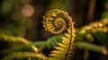 A captivating close-up of a gracefully unfurling fern amidst dappled sunlight