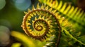 A captivating close-up of a gracefully unfurling fern amidst dappled