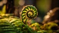 A captivating close-up of a gracefully unfurling fern amidst dappled sunlight
