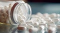 Close up of white pills spilling out of pill bottle on blurred background Royalty Free Stock Photo