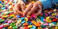 Vibrant Button Craftsmanship A CloseUp Look at Colorful Button Art and Creative Hands in Action Royalty Free Stock Photo