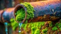 Closeup View of a Leaky Rusty Pipe with Extensive Moss Growth and Water Damage A Detailed Stock Photo Royalty Free Stock Photo