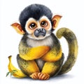A Playful Pouting Squirrel Monkey with Crossed Arms Leaning on a Banana A CloseUp Portrait Capturing Impish Expression Royalty Free Stock Photo