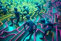 Futuristic Cyborgs Racing Through a Maze of Metallic Walls