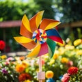 Vibrant Pinwheel Spinning in Summer Garden Royalty Free Stock Photo