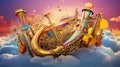 Whimsical Musical Instruments Floating in Colorful Clouds Royalty Free Stock Photo