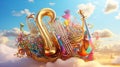 Whimsical Musical Instruments Floating in Colorful Clouds Royalty Free Stock Photo