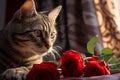 Curious Cat Sniffs Vibrant Rose in Serene Garden