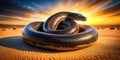 Striking Black Desert Python Coiled in Golden Sand Dunes A CloseUp Wildlife Photograph Royalty Free Stock Photo