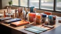 Vibrant Office Essentials: A Macro View of Neatly Arranged Supplies on a Sunlit Desk