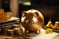 Golden Prosperity: A Radiant Piggy Bank amidst Wealth and Wisdom Royalty Free Stock Photo