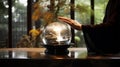 Mystical Reflections: Delicate Crystal Ball in Serene Zen Garden