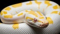 Striking Albino Burmese Python with Vibrant Yellow and White Scales and Red Eyes on Black Background Royalty Free Stock Photo