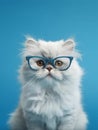 Persian cat wearing blue eyeglasses on a blue background. Close-up portrait.