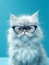 Persian cat wearing black eyeglasses on a blue background. Close-up portrait.