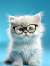 Persian cat wearing black eyeglasses on a blue background. Close-up portrait.