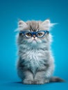 Persian cat wearing blue eyeglasses on a blue background. Close-up portrait.