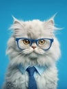 Persian cat wearing blue eyeglasses on a blue background. Close-up portrait.