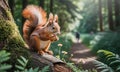 Captivating Close Up of a Red Squirrel Perched on a Mossy Tree Trunk in a Sunny Forest with Blurred Background Featuring Ferns and Royalty Free Stock Photo
