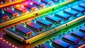 Closeup View of Colorful DDR Memory Modules on a Circuit Board Exploring Miniature RAM Technology